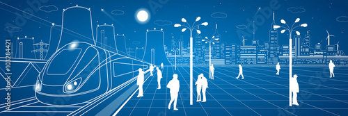 Railway station, people waiting for the train, industrial and transport illustration, energy plant, vector design art