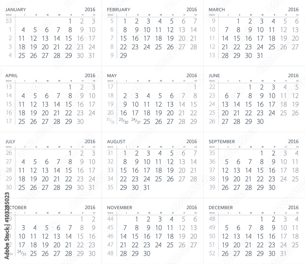 Calendar of the year two thousand sixteen. 2016 year calendar.