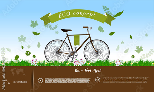 Bicycle on green grass with leaves, ribbon, Eco concept infographics