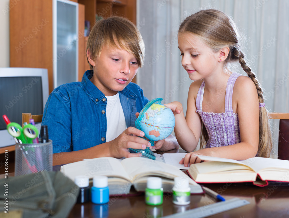 Fototapeta premium boy and sister studying with books