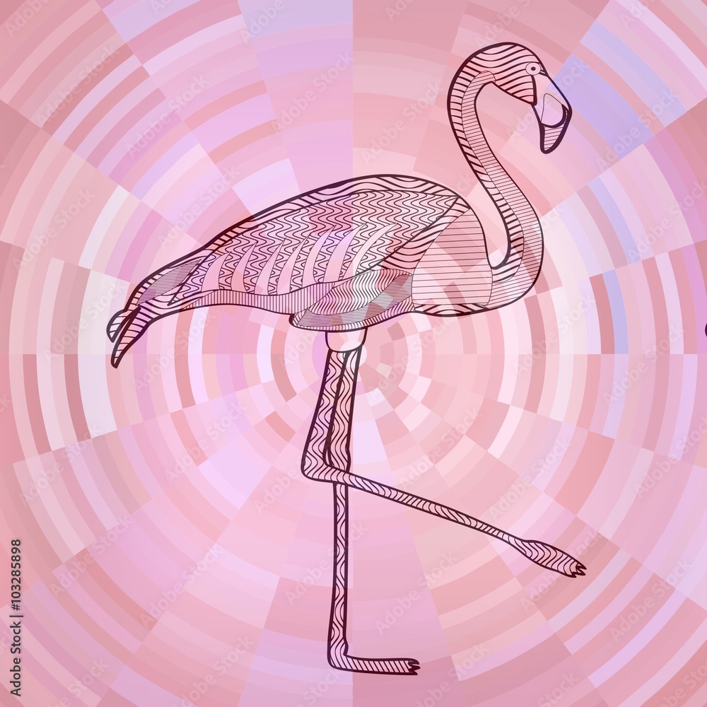 Fototapeta premium Flamingo black line drawing on abstract pink circle background composed from sliver