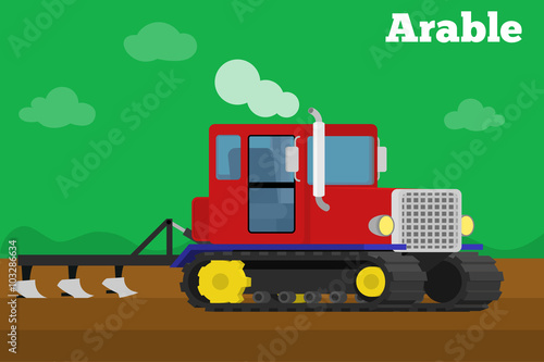 Banner of a agricultural crawler tractor with plow tillage field.
