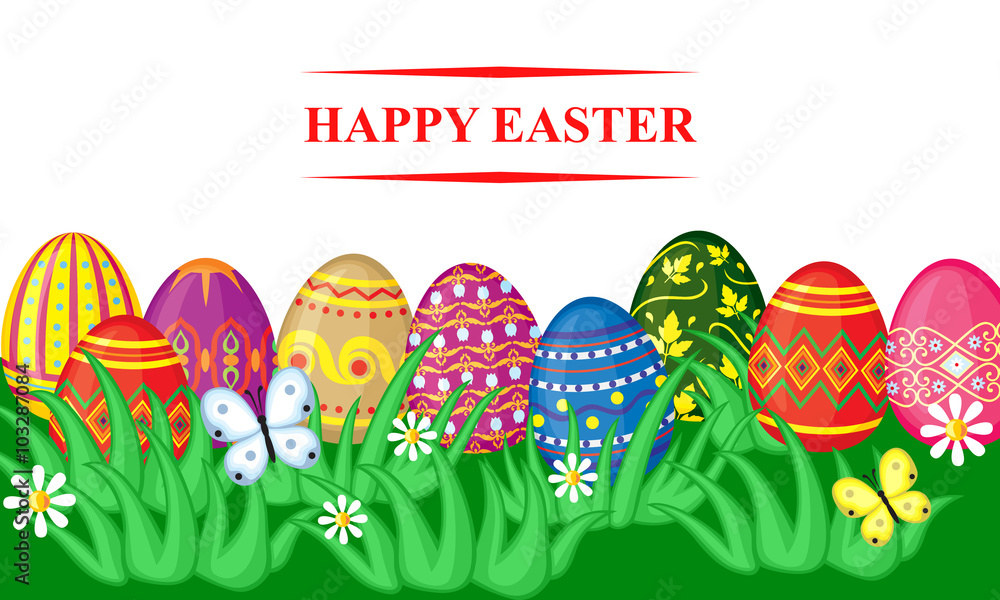 Easter card with decorative eggs in grass