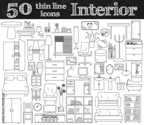 50 icons for Interior. Thin line set.