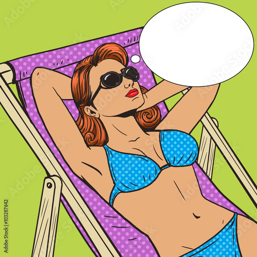 Woman sunbathing on the beach pop art vector