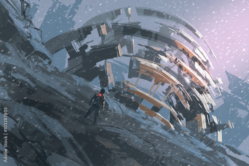 Obraz premium man standing on the hill watching the abstract architecture,illustration painting