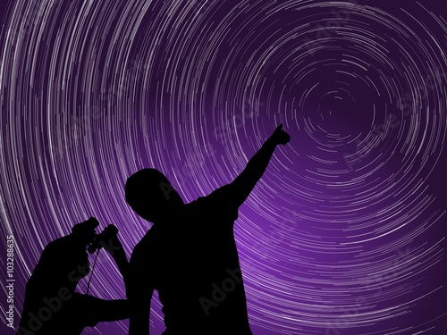 Man and child observing night sky. Startrails around Polaris star and purple aurora. Vector Illustration.