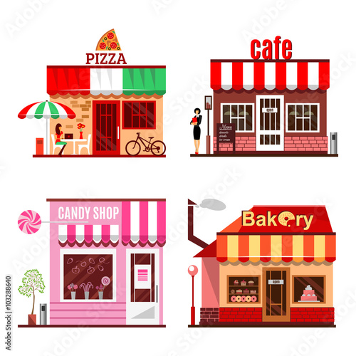 Cool set of detailed flat design city public buildings