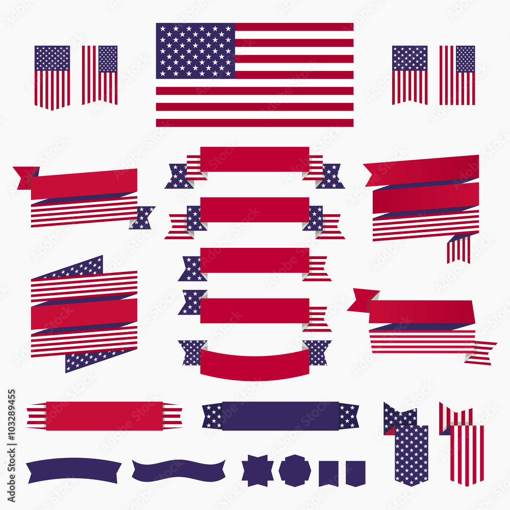 Obraz premium Red white blue american flag, ribbons and banners