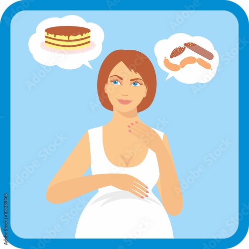illustration of a pregnant woman with an increased appetite. symptoms of pregnancy