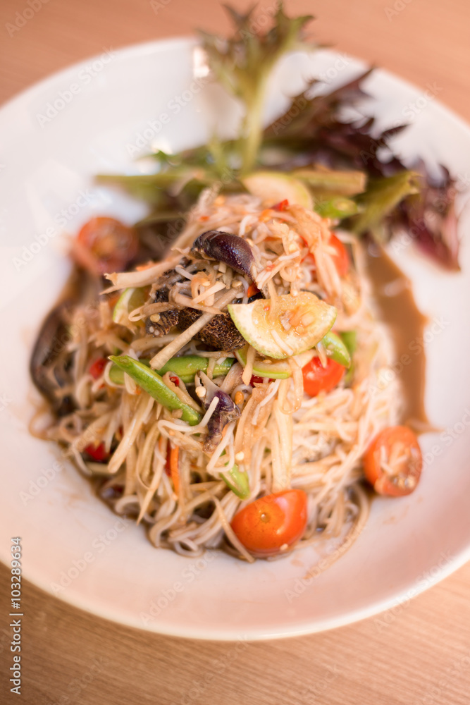 Papaya salad with rice noodle. Papaya salad with rice noodle.