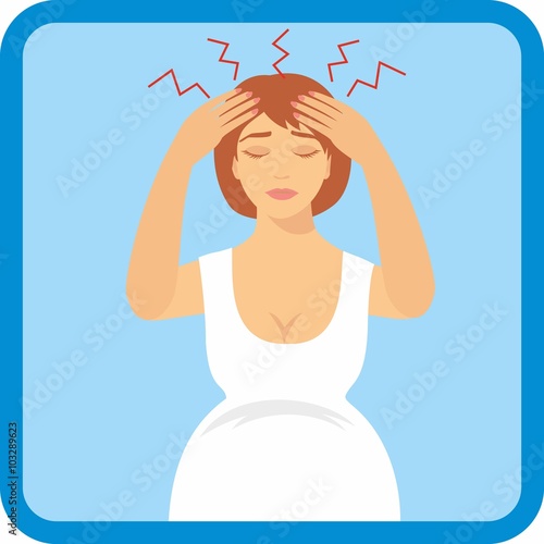 illustration of a pregnant woman with a headache. symptoms of pregnancy
