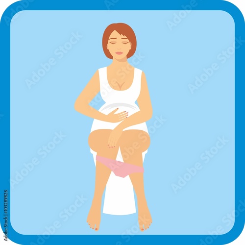 Woman is sitting on the toilet. urinary bladder problem or pregnancy or sickness concept.