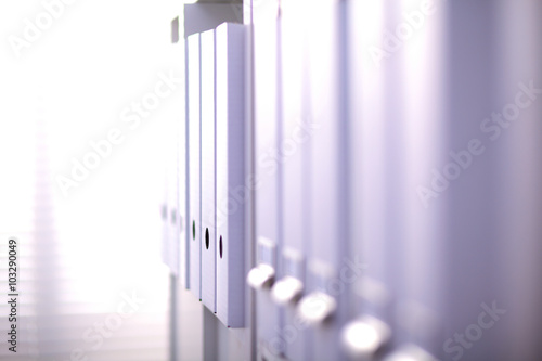 File folders  standing on  shelves in the background
