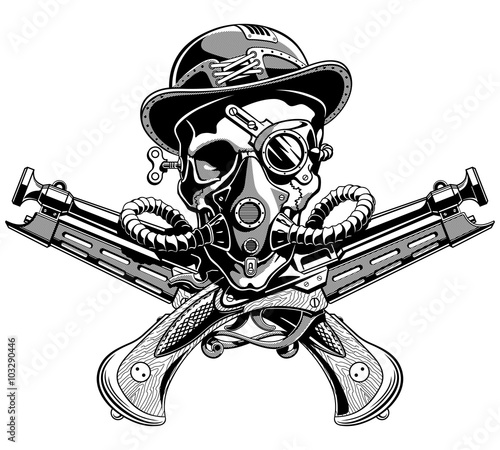 skull hat crossed pistols Pirate Jolly Roger Steampunk vector il