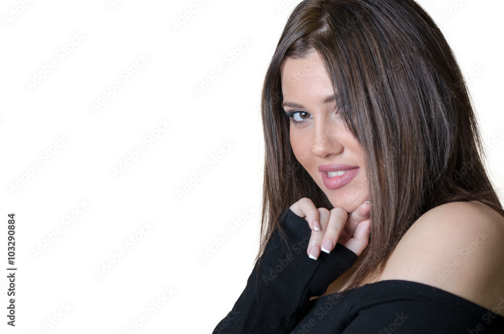 Cute brunette lady wear strapless shirt, looking at the camera with her hand under her chin