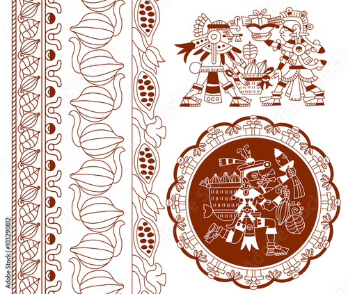 sketch drawing aztec pattern cacao tree, mayans, cacao beans