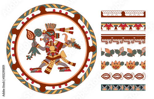 aztec pattern cacao tree, mayans, cacao beans and decorative borders