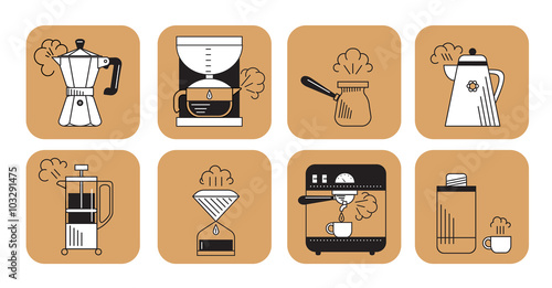vector illustration set of linear coffee icons, with descriptions to different methods