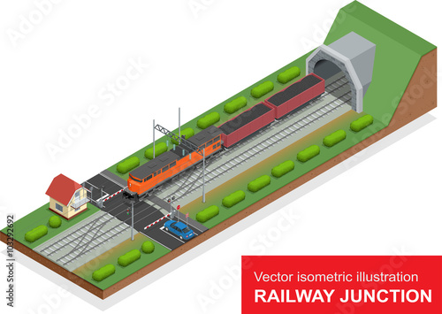 Vector isometric illustration of a railway junction. Railway junction consist of modern high speed train railway tunnel, Railway crossing and Railroad isolated elements for rail freight transportation