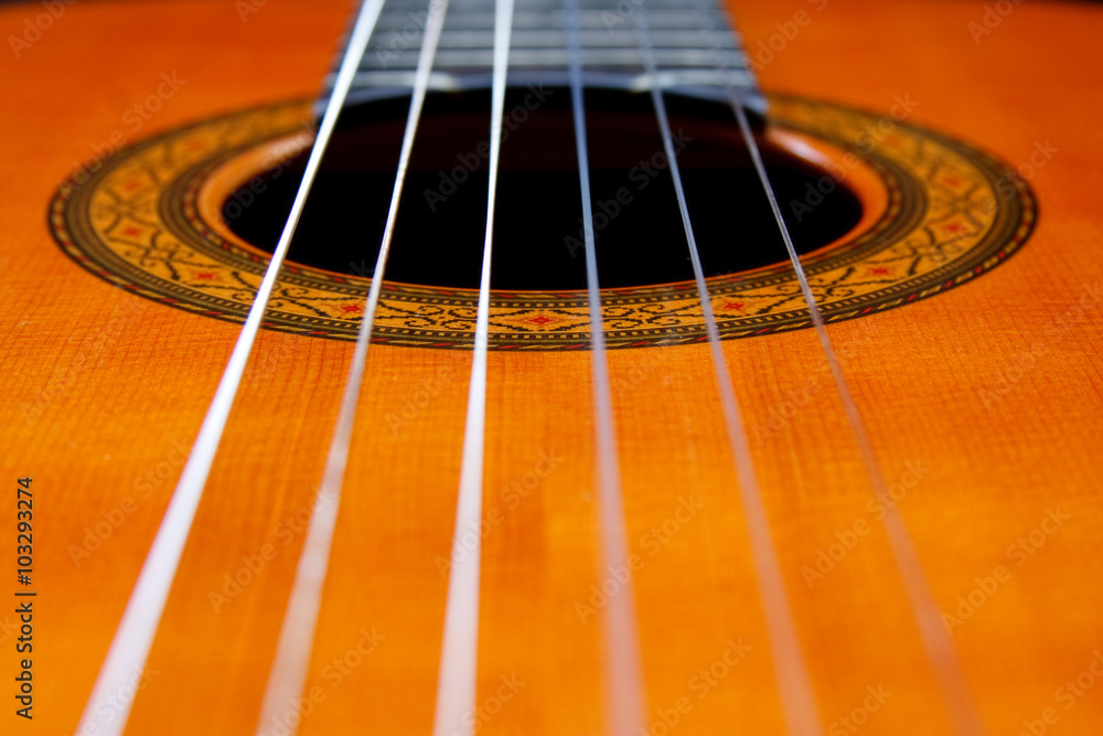 Closeup of guitar rosette & strings Closeup of guitar rosette & strings