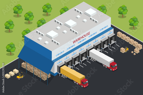 Warehouse equipment. Shipping and delivery flat elements. Workers boxes forklifts and cargo transport. Transport system delivery process. Vector isometric illustration.