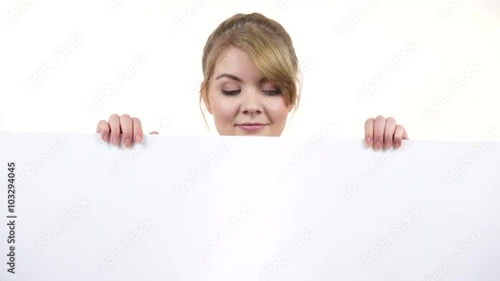 Woman with blank presentation board banner sign 4K Woman with blank presentation board banner sign 4K