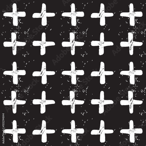 Modern and trendy abstract white hand drawn plus sign texture pattern on black background