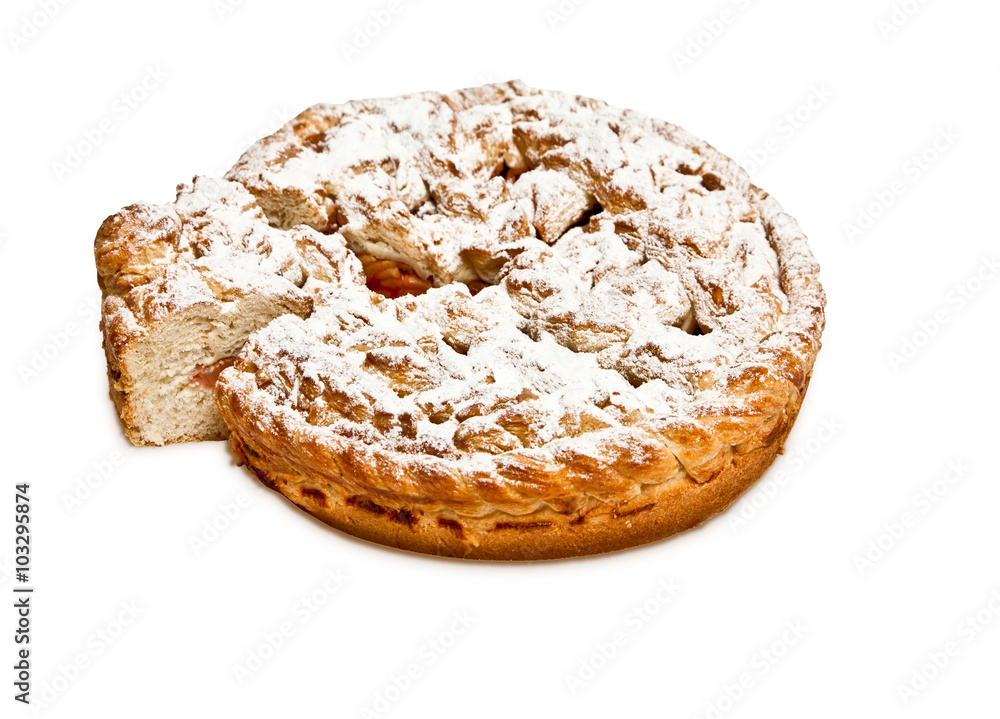 Pie with fruit filling and sugar powder isolated on white background Pie with fruit filling and sugar powder isolated on white background