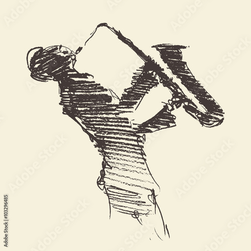 Jazz poster Man playing saxophone drawn sketch