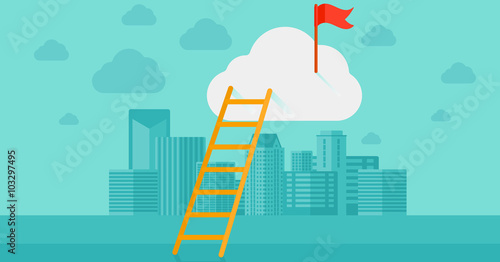 Ladder and flag on top of the cloud on city background.