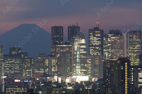 富士山と新宿高層ビル群　トワイライト　マジックアワー