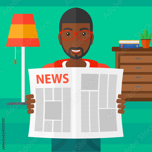 Reporter reading newspaper.