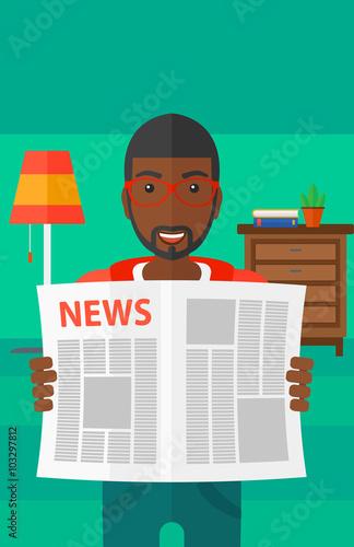Reporter reading newspaper.