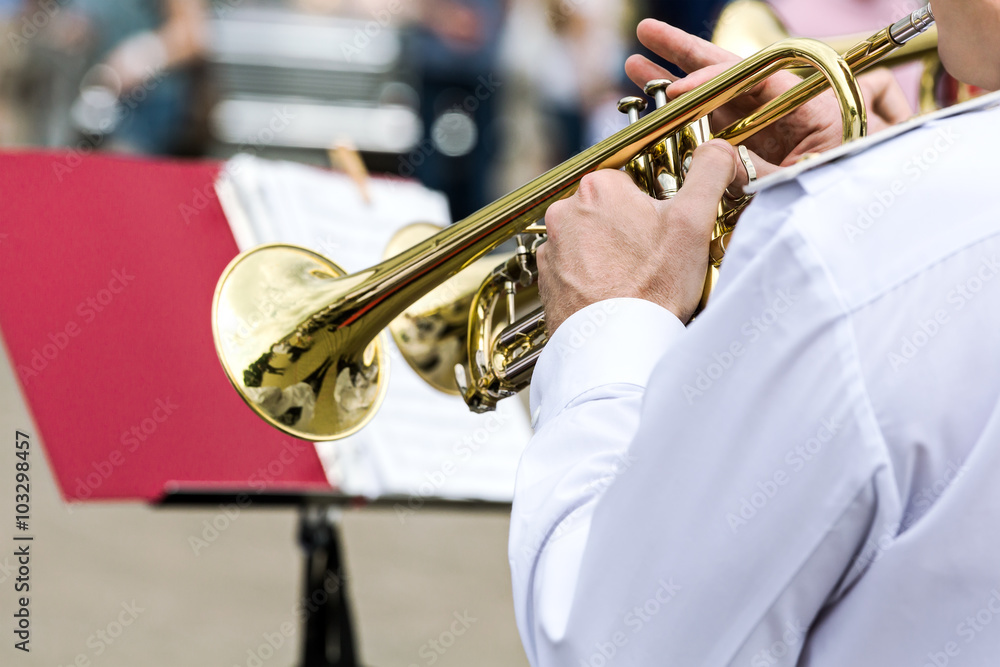 Obraz premium muzyk orkiestry wojskowej gra na trąbce