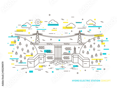 Linear hydro electric station (hydroelectric power plant) vector illustration. Hydro power engineering (waterpower plant, hydroelectric plant, hydroplant) creative concept.
