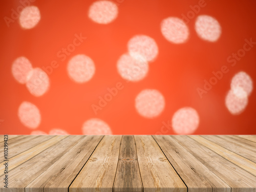 Empty perspective room with sparkling bokeh wall and wooden plank floor Template mock up for display of your product