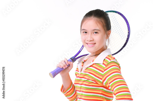 Little girl playing tennis on white background
