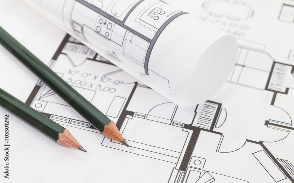 Architect rolls and plans , Architectural plan , Technical project drawing.. Architect rolls and plans , Architectural plan , Technical project drawing..