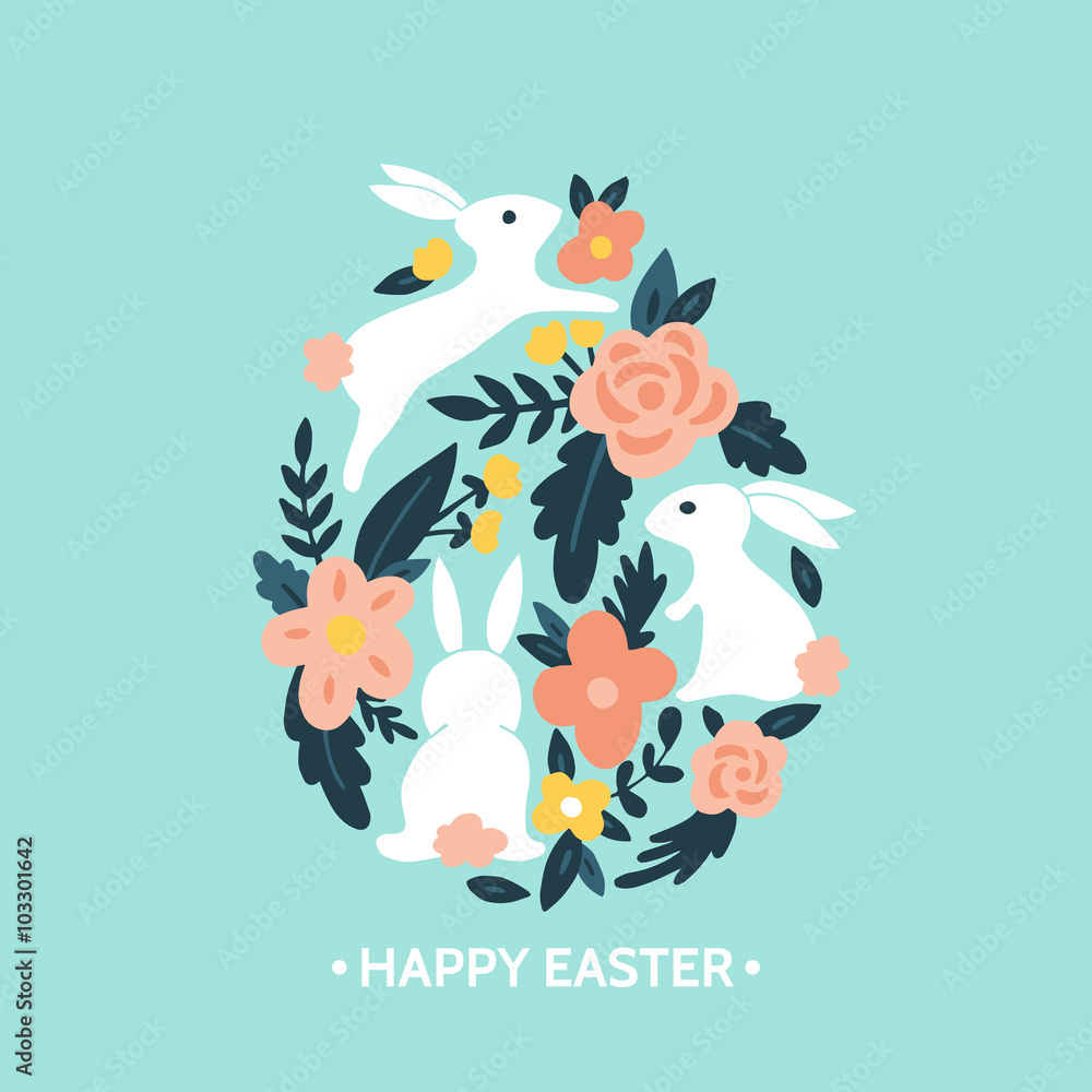 Fototapeta premium Easter egg design with easter bunny and flowers. Hand drawing ve