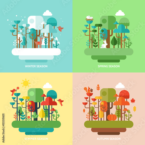 Fototapeta Naklejka Na Ścianę i Meble -  Four seasons concept with nature forest, trees and animals. 