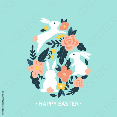 Easter egg design with easter bunny and flowers. Hand drawing ve