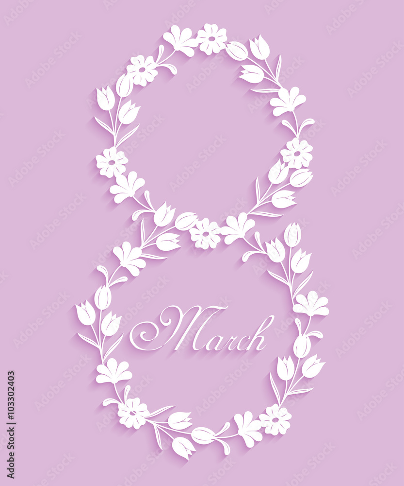 Abstract floral background for greeting card on March 8. Trendy design template womens day with long shadows