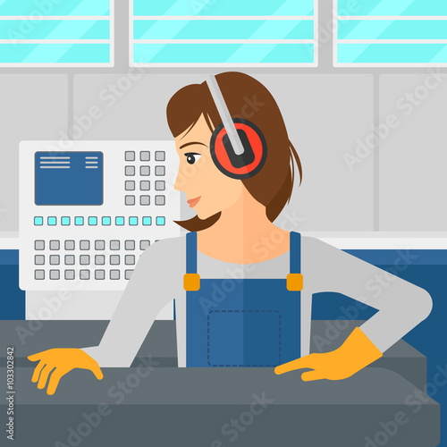 Woman working on steel-rolling mill.