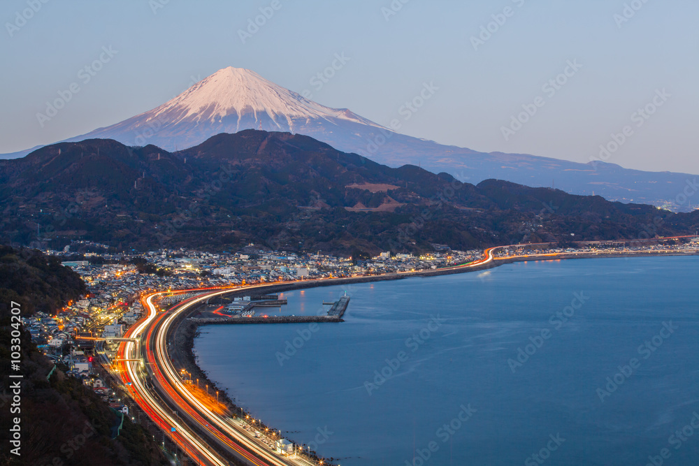 Tomai expressway and Suruga bay with mountain fuji at Shizuoka.