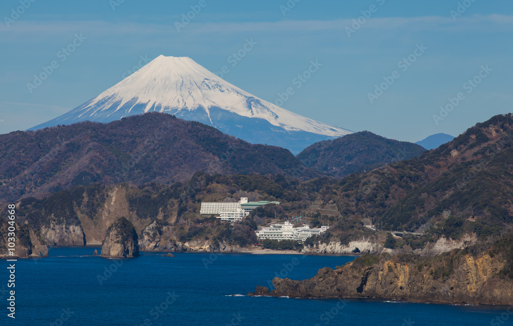 Mountain Fuji and sea from Izu city Shizuoka prefecture , Japan . Mountain Fuji and sea from Izu city Shizuoka prefecture , Japan .