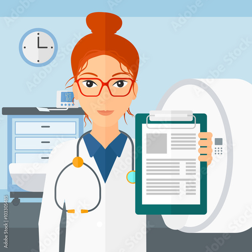 Doctor in hospital room with MRI machine.