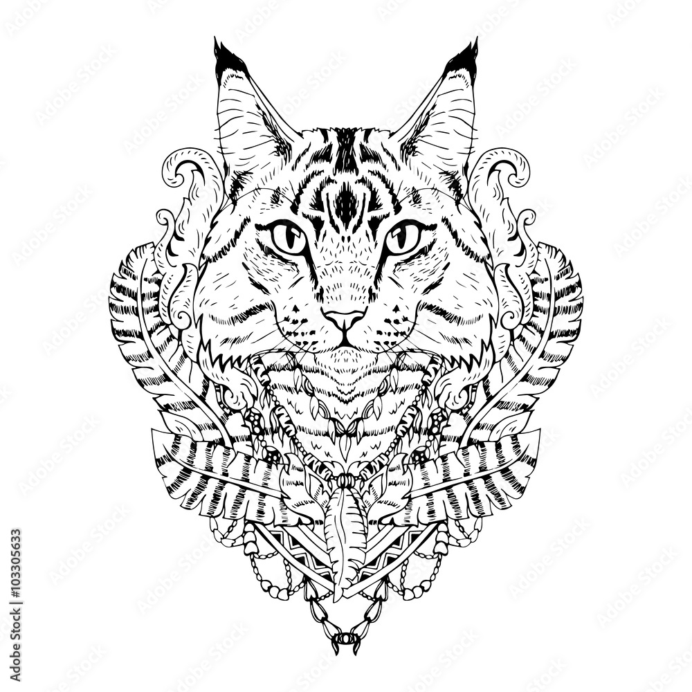 Obraz premium Black and white animal Cat head, abstract art, tattoo, doodle sketch.