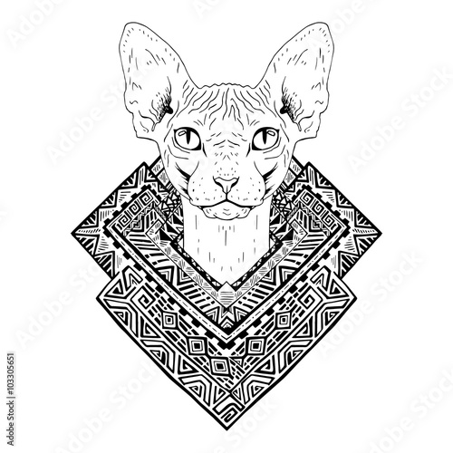 Black and white animal Cat head, abstract art, tattoo, doodle sketch.