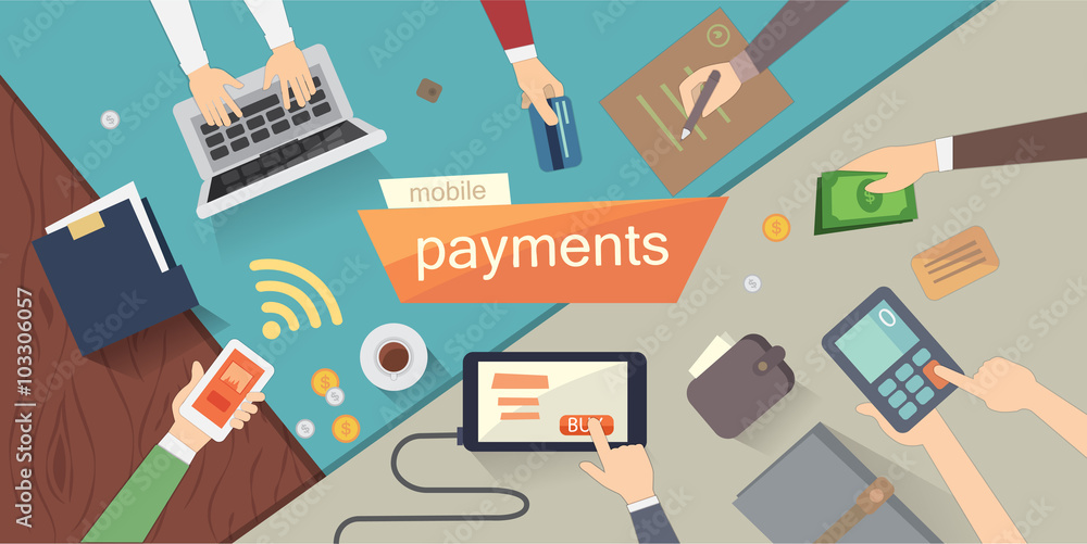 mobile payments vector illustration. mobile banking or online banking. Human hands. Overhead. colorful set.